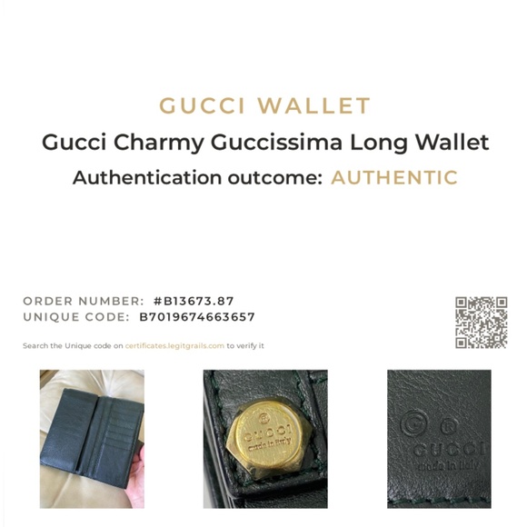 COA Gucci Dark Green Long Wallet Guccissima Charm Embossed Leather GG - Picture 2 of 16